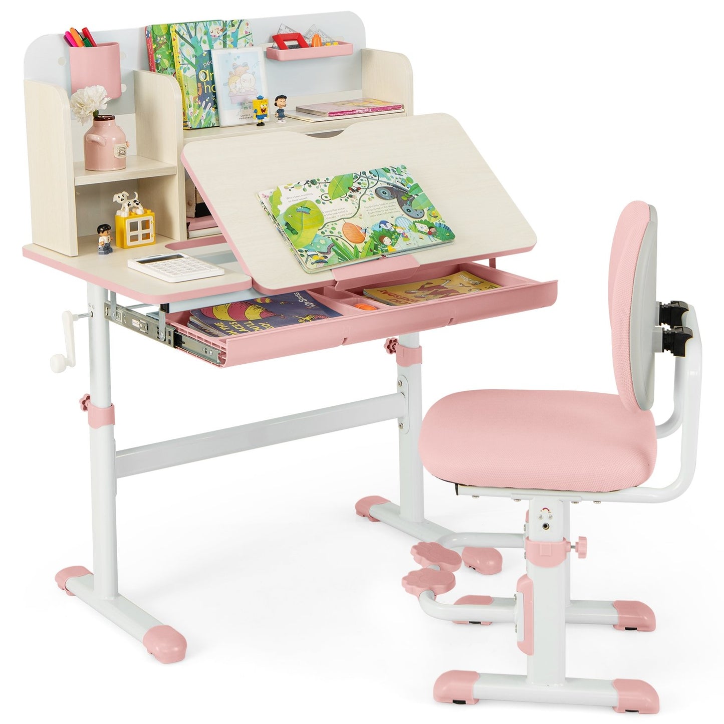 Height Adjustable Children School Home Study Table and Chair Set with Tilted Desktop for 3-12 Years Old-Pink Kids Crystal