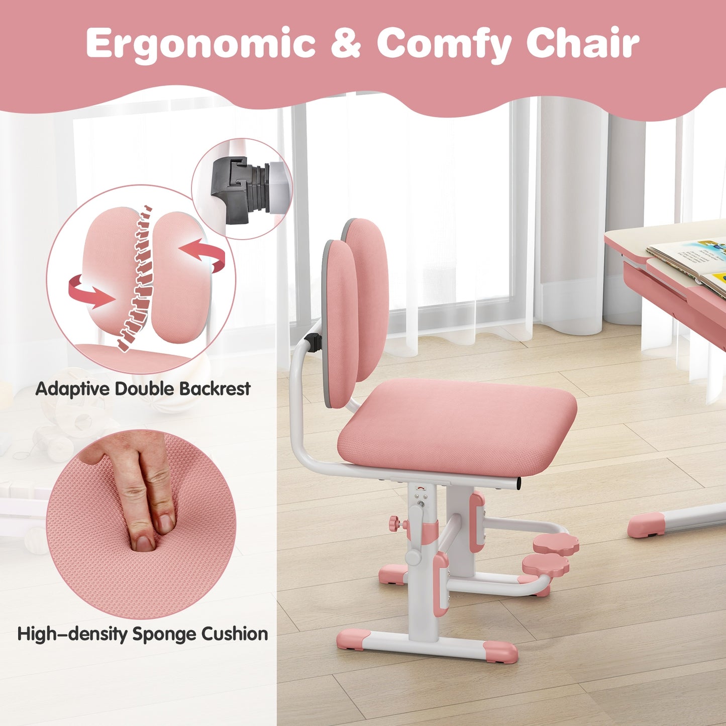 Height Adjustable Children School Home Study Table and Chair Set with Tilted Desktop for 3-12 Years Old-Pink Kids Crystal
