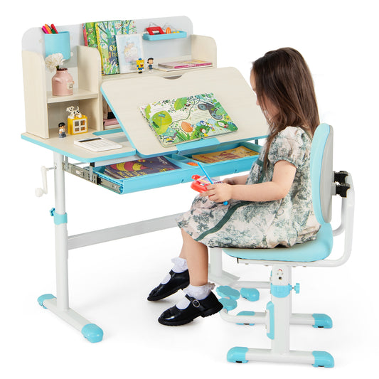 Height Adjustable Children School Home Study Table and Chair Set with Tilted Desktop for 3-12 Years Old-Blue Kids Crystal