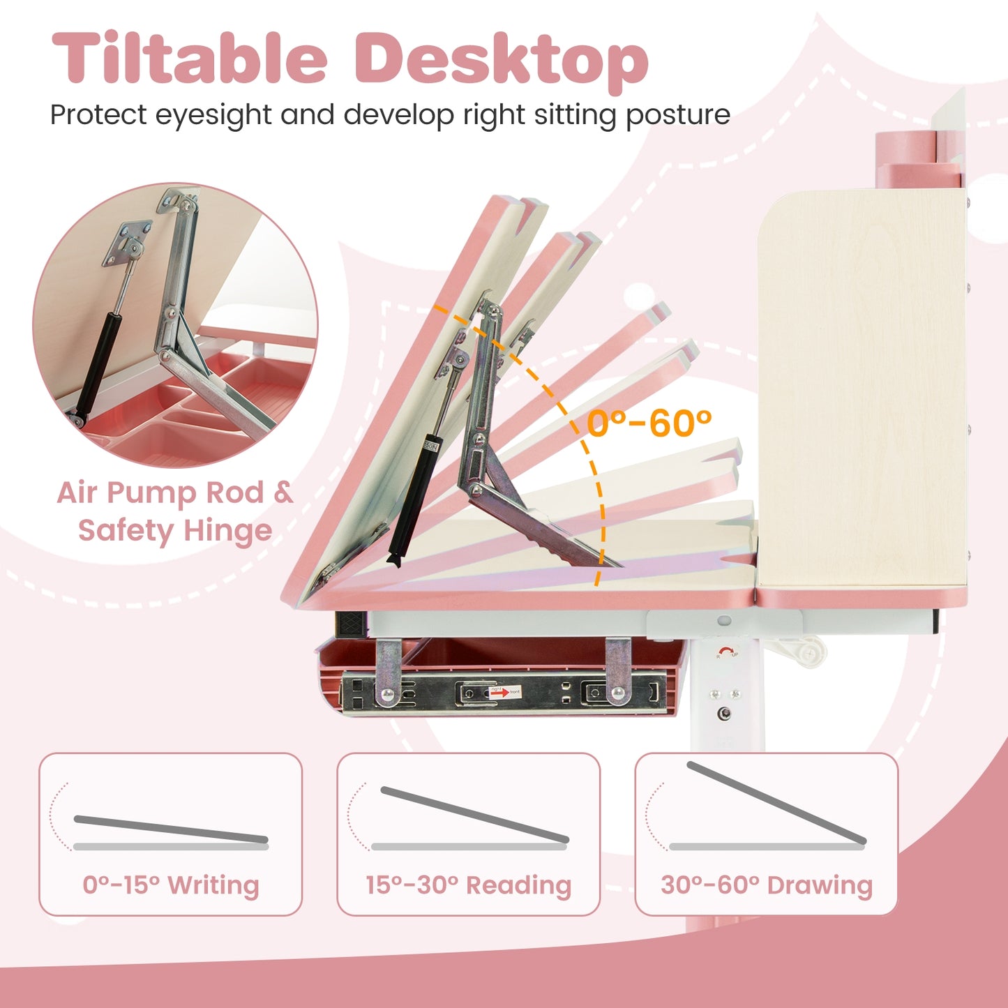 Height Adjustable Children School Home Study Table and Chair Set with Tilted Desktop for 3-12 Years Old-Pink Kids Crystal