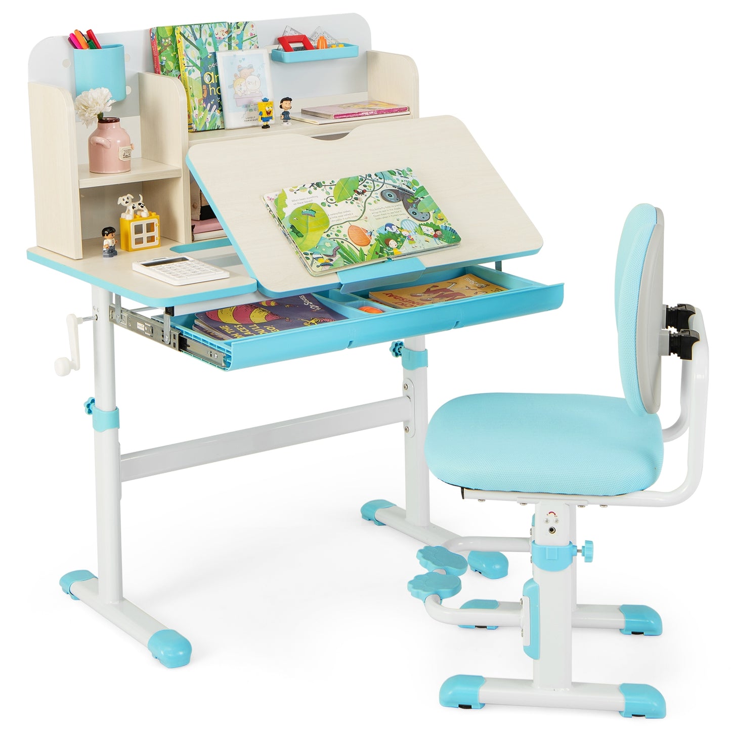 Height Adjustable Children School Home Study Table and Chair Set with Tilted Desktop for 3-12 Years Old-Blue Kids Crystal