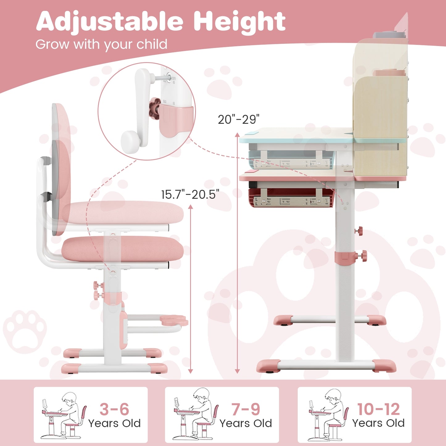 Height Adjustable Children School Home Study Table and Chair Set with Tilted Desktop for 3-12 Years Old-Pink Kids Crystal