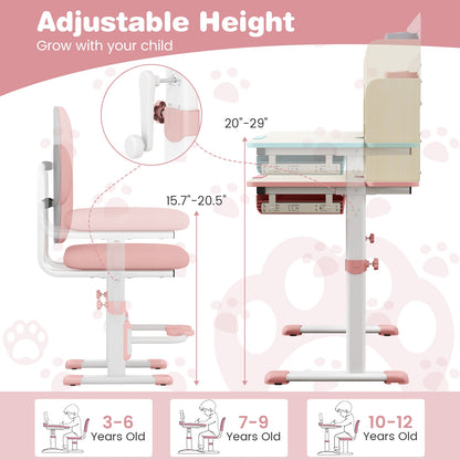 Height Adjustable Children School Home Study Table and Chair Set with Tilted Desktop for 3-12 Years Old-Pink