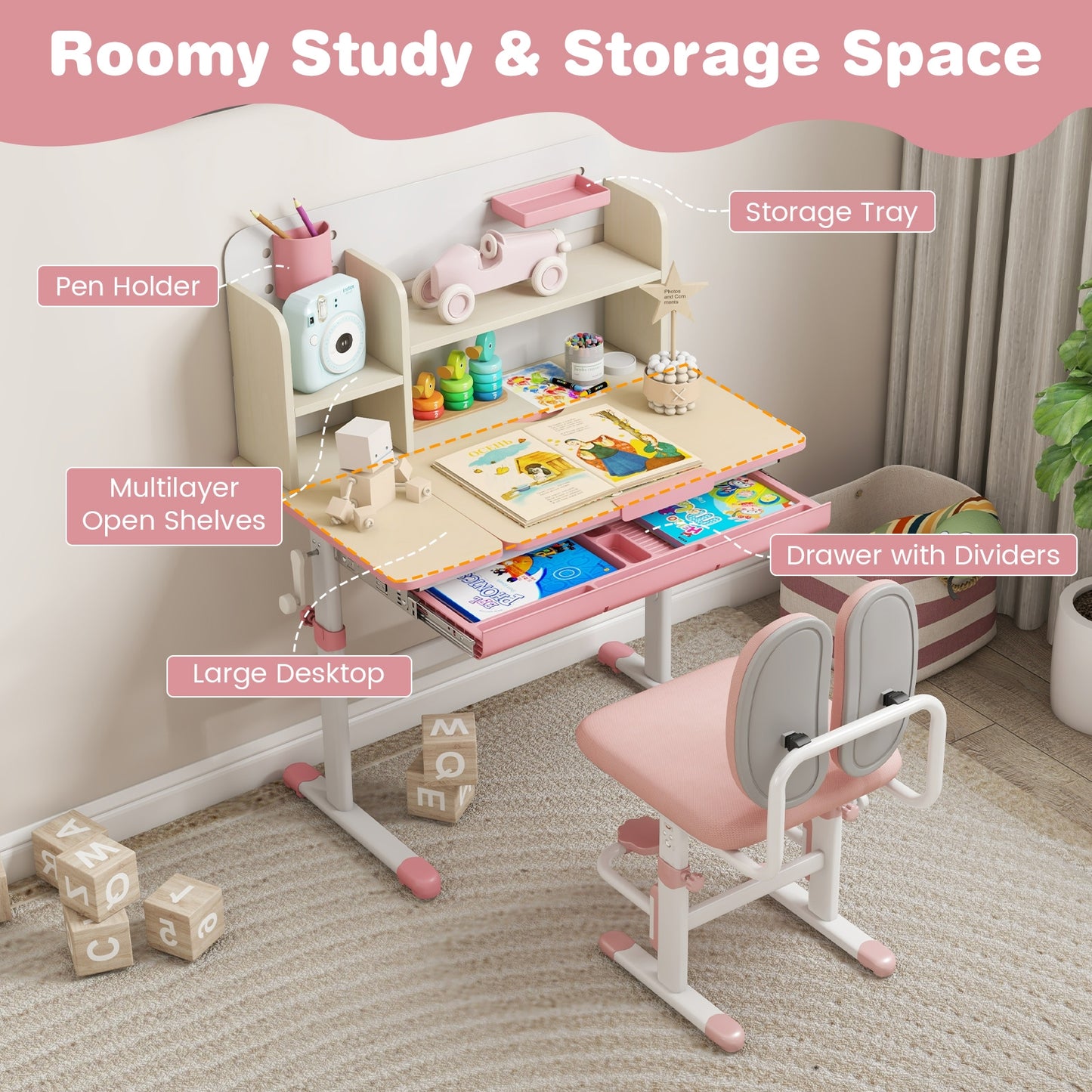 Height Adjustable Children School Home Study Table and Chair Set with Tilted Desktop for 3-12 Years Old-Pink Kids Crystal