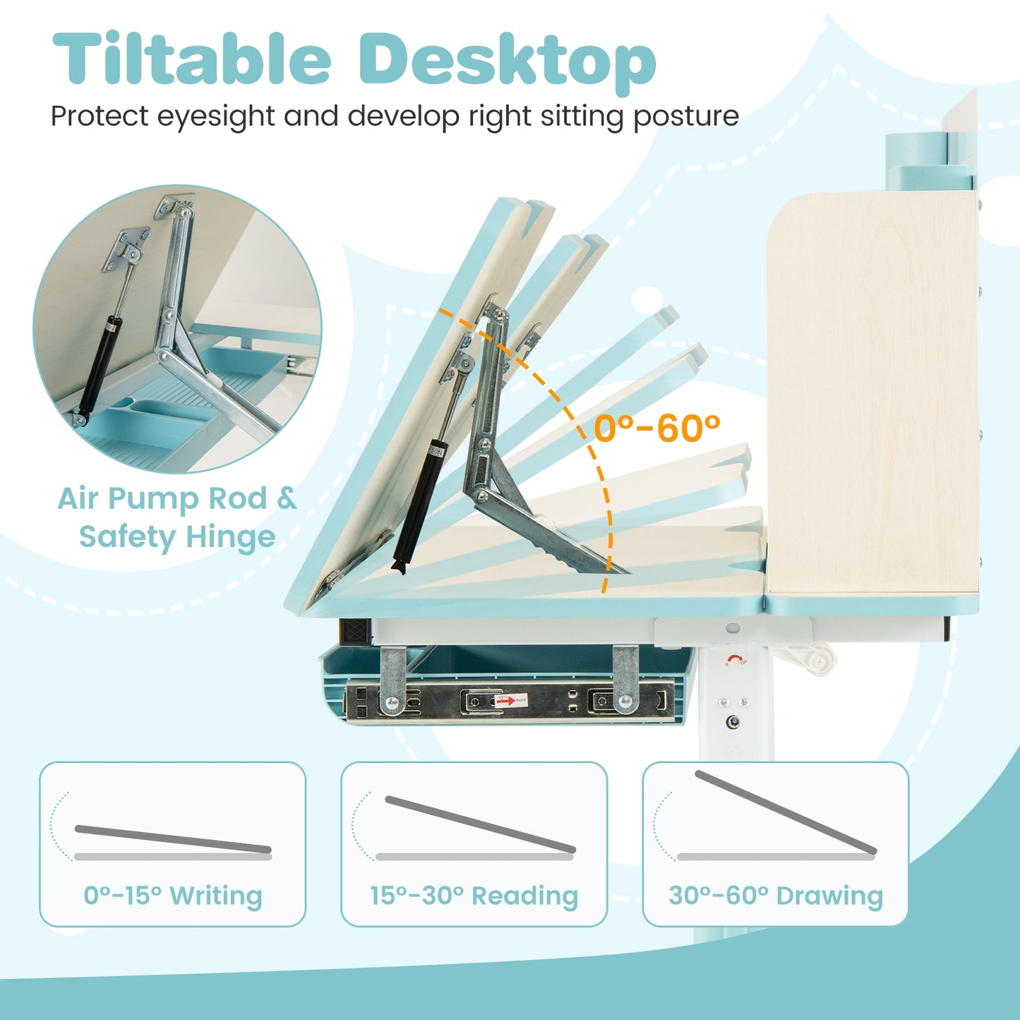 Height Adjustable Children School Home Study Table and Chair Set with Tilted Desktop for 3-12 Years Old-Blue Kids Crystal