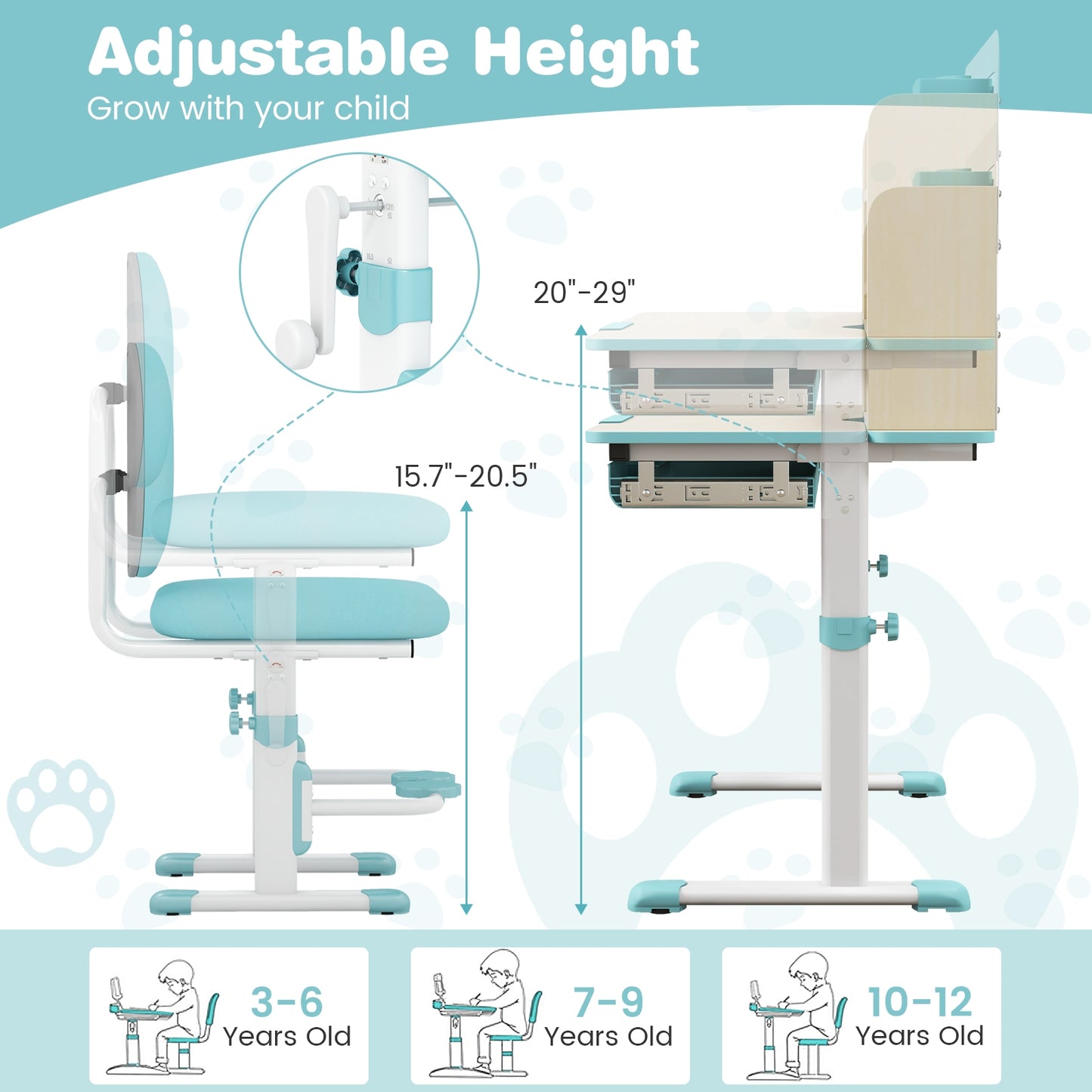 Height Adjustable Children School Home Study Table and Chair Set with Tilted Desktop for 3-12 Years Old-Blue Kids Crystal