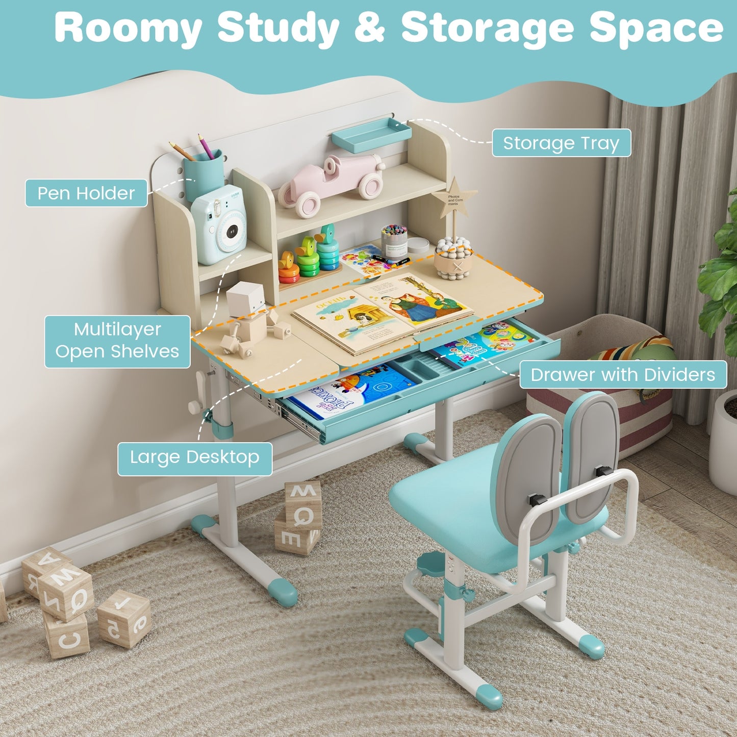 Height Adjustable Children School Home Study Table and Chair Set with Tilted Desktop for 3-12 Years Old-Blue Kids Crystal