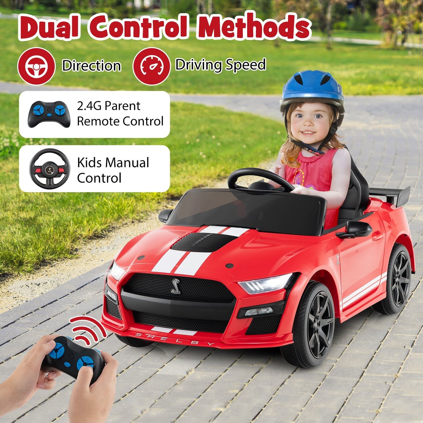 12V Licensed Ford Mustang Shelby GT500 Kids Ride on Car with Remote Control for Kids Aged 3-8-Red Kids Crystal