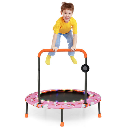 36 Inch Mini Trampoline with Colorful LED Lights and Bluetooth Speaker-Pink Kids Crystal