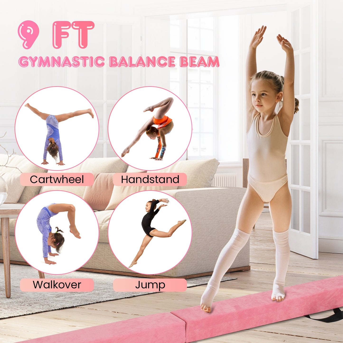 9 FT Folding Gymnastics Balance Beam with Anti-slip Base and Pine Wood Frame-Pink