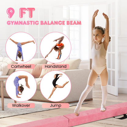 9 FT Folding Gymnastics Balance Beam with Anti-slip Base and Pine Wood Frame-Pink