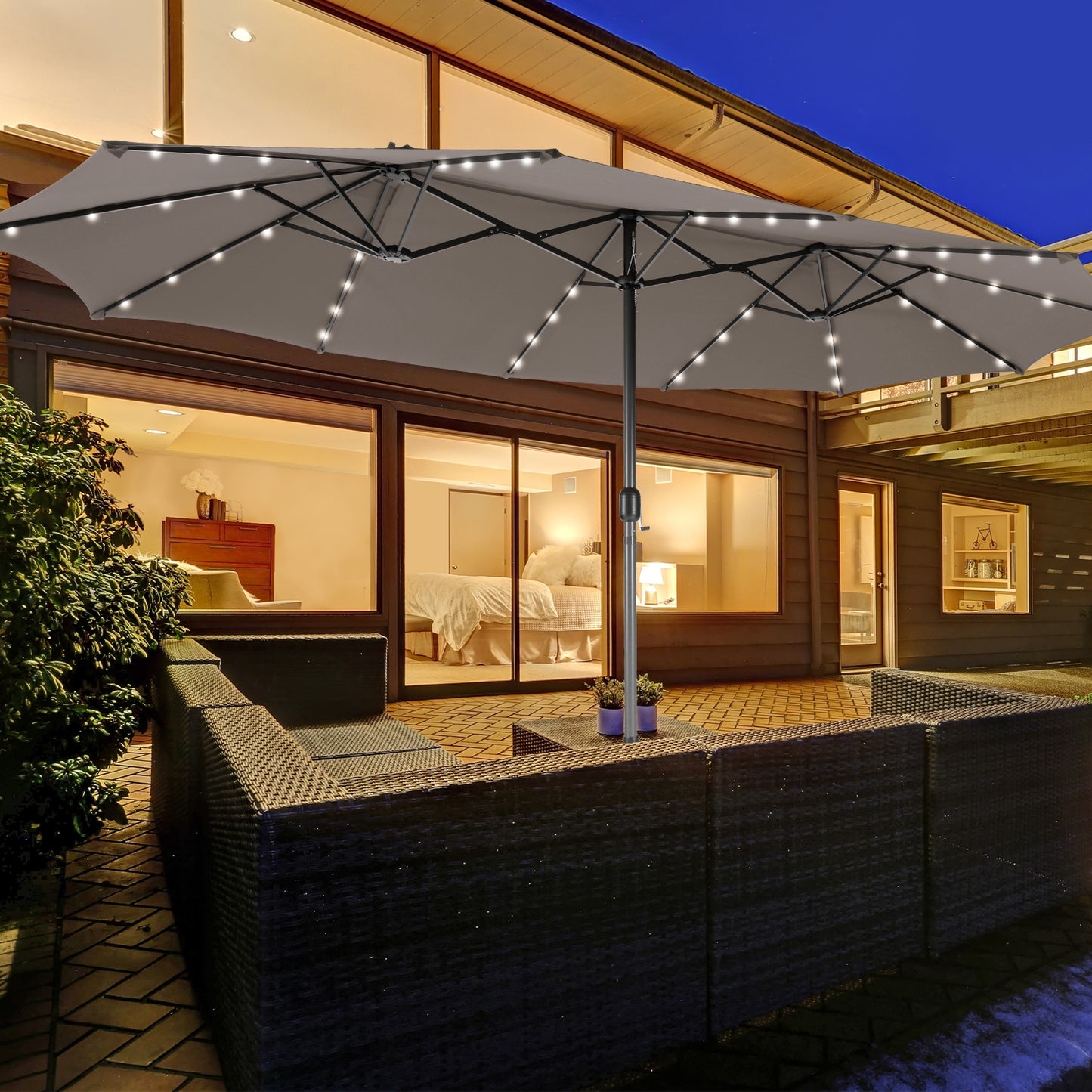 15 Feet Double-Sided Patio Umbrella with 48 LED Lights-Gray Kids Crystal