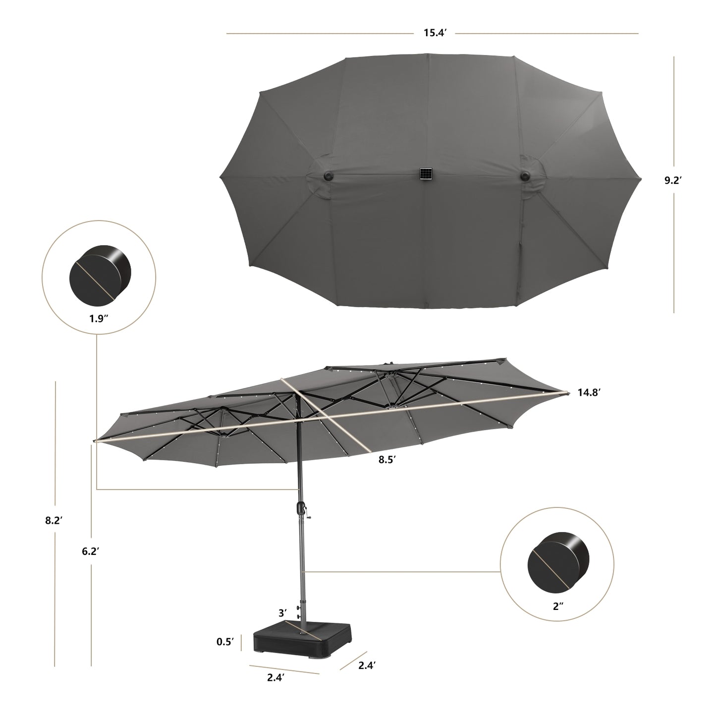 15 Feet Double-Sided Patio Umbrella with 48 LED Lights-Gray Kids Crystal