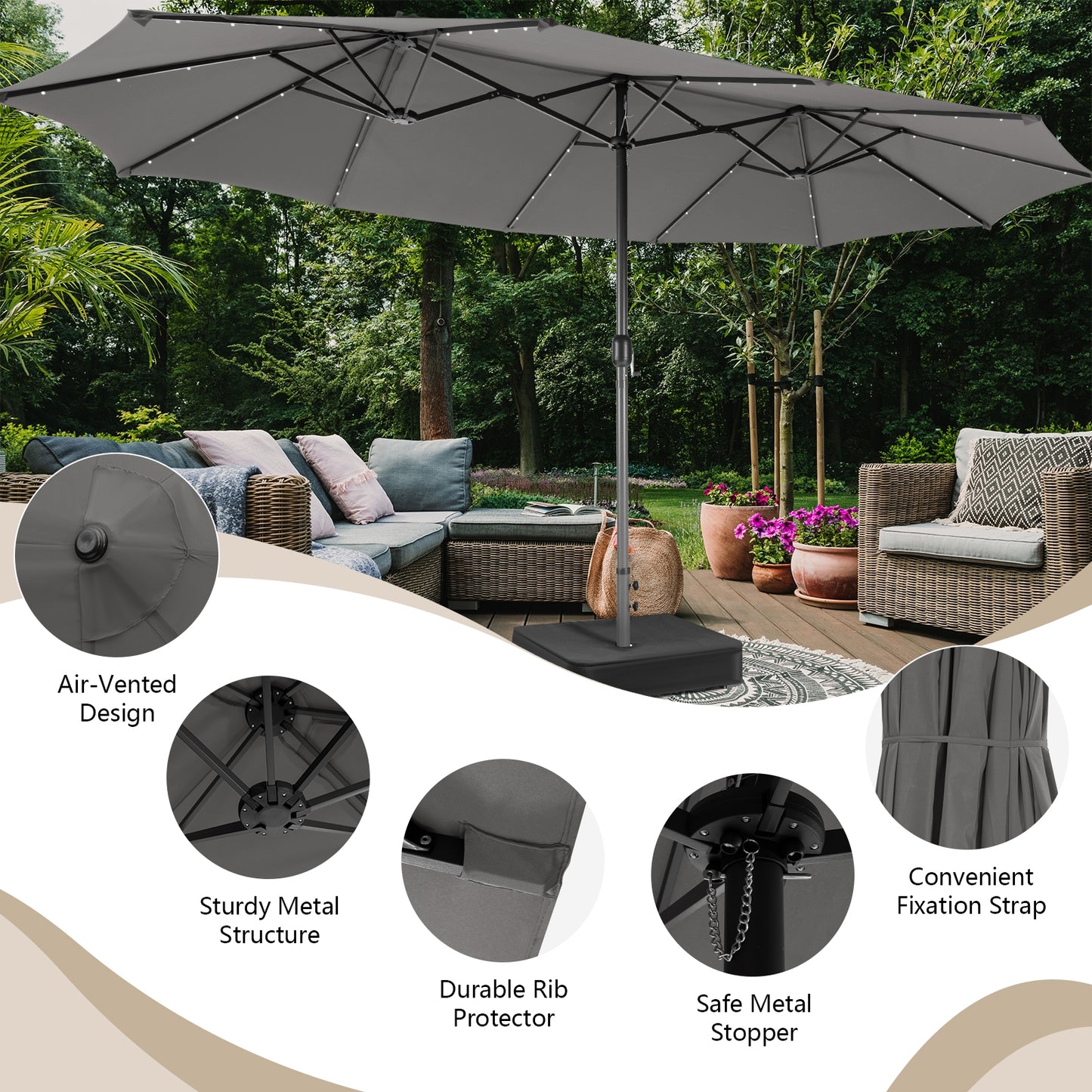 15 Feet Double-Sided Patio Umbrella with 48 LED Lights-Gray Kids Crystal