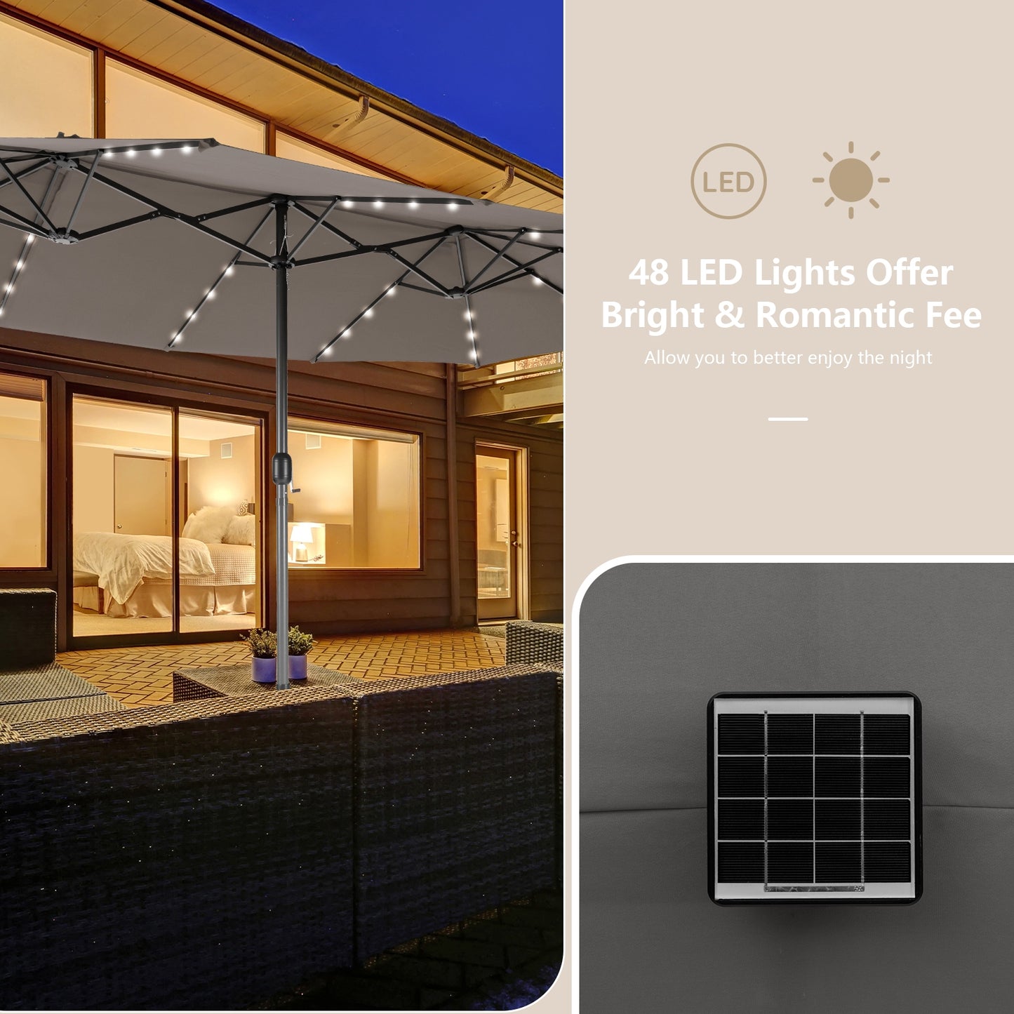 15 Feet Double-Sided Patio Umbrella with 48 LED Lights-Gray Kids Crystal