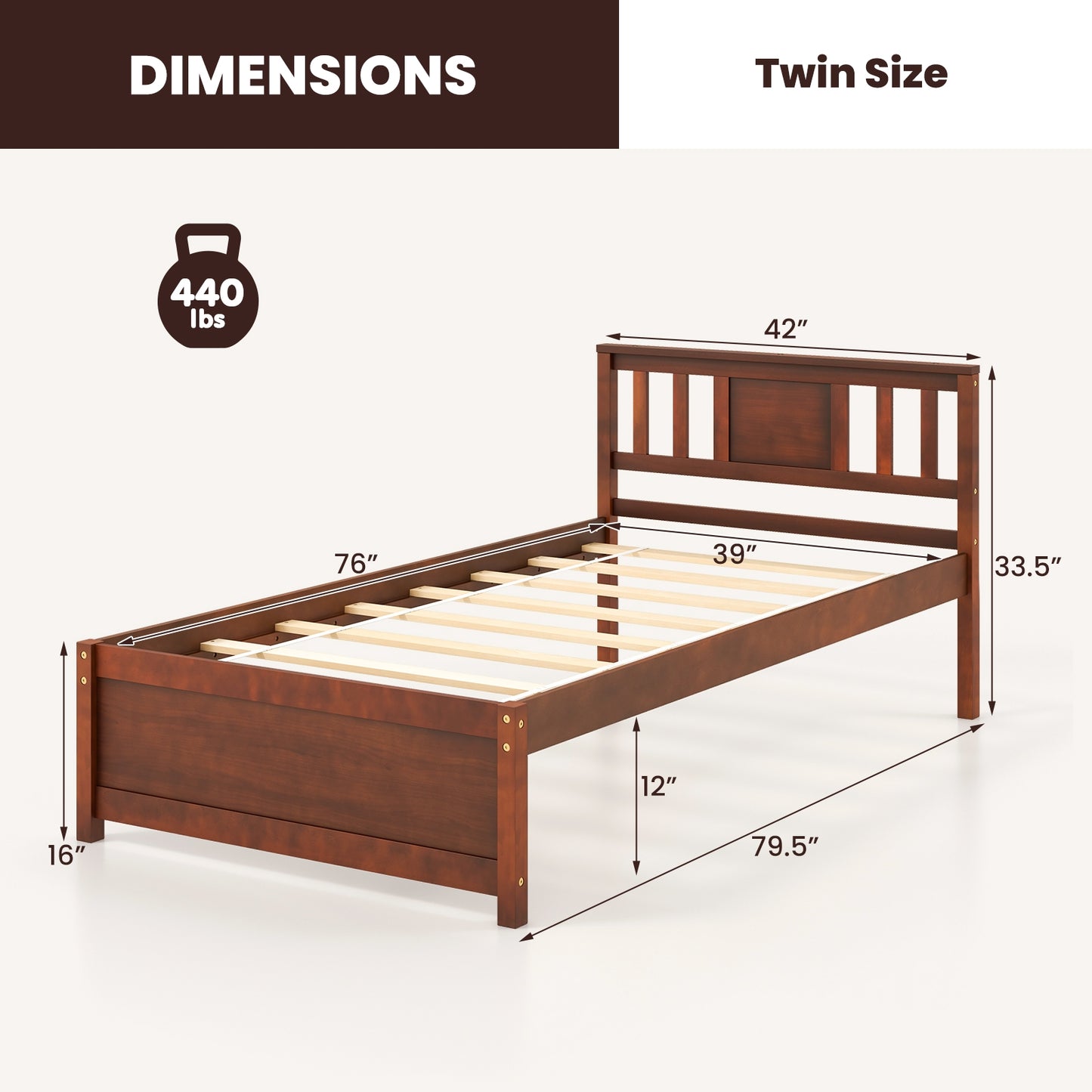 Wooden Platform Bed with Headboard and Slat Support-Twin Size Kids Crystal