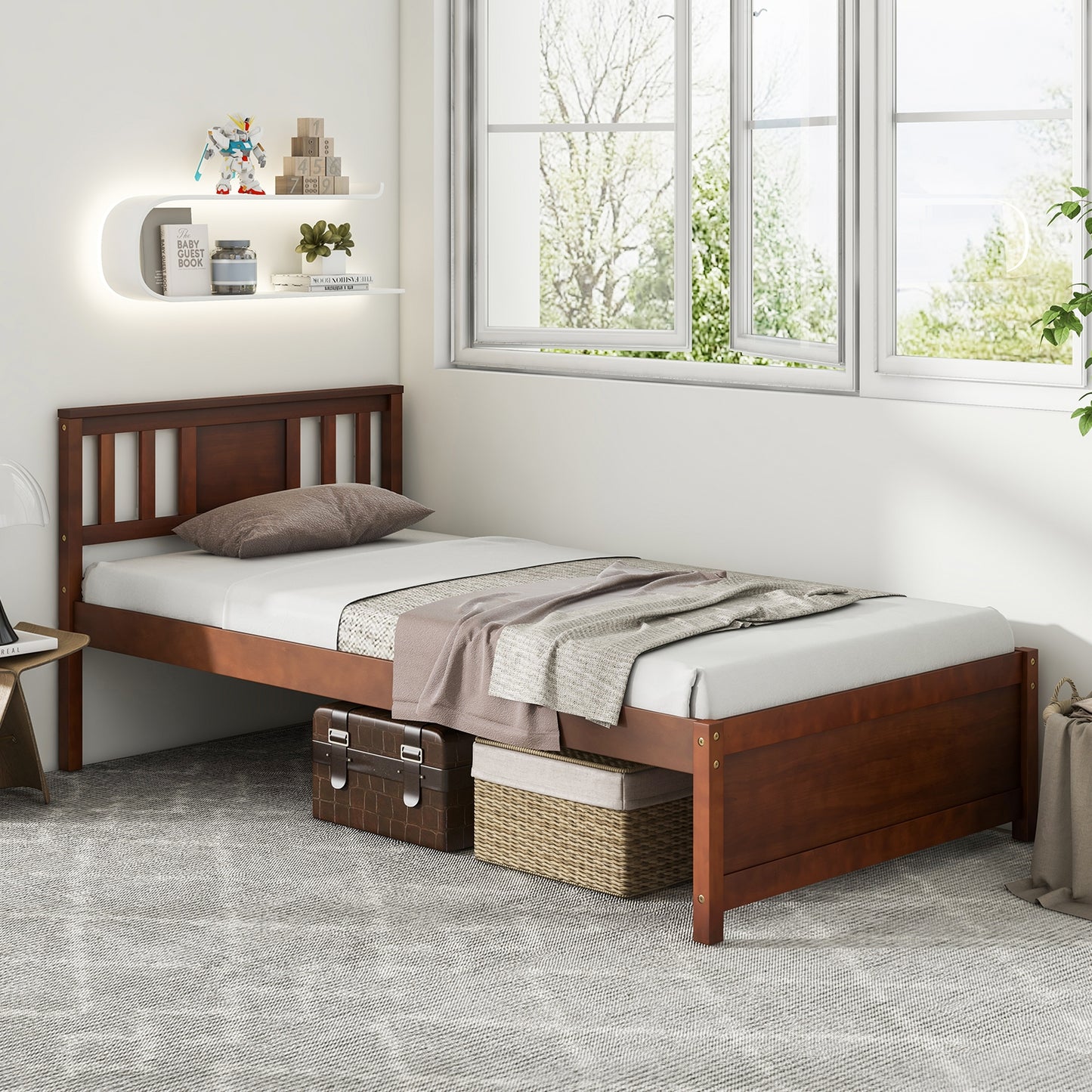 Wooden Platform Bed with Headboard and Slat Support-Twin Size Kids Crystal