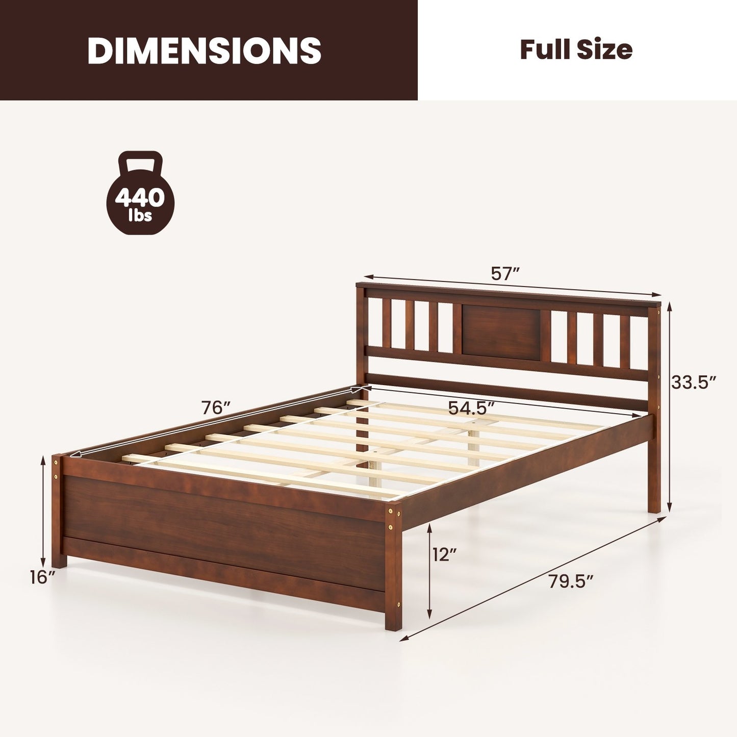 Wooden Platform Bed with Headboard and Wood Slat Support-Full Size Kids Crystal