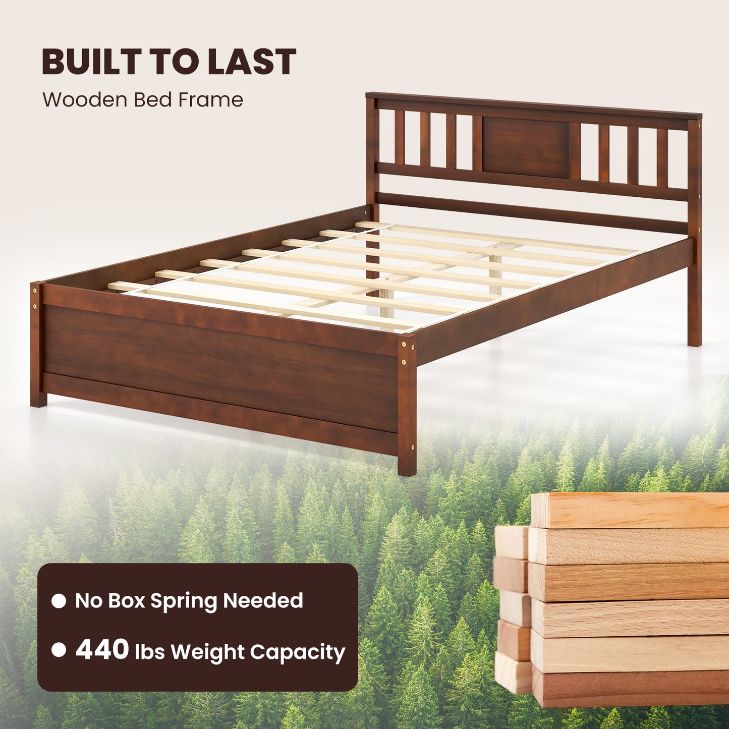 Wooden Platform Bed with Headboard and Wood Slat Support-Full Size Kids Crystal