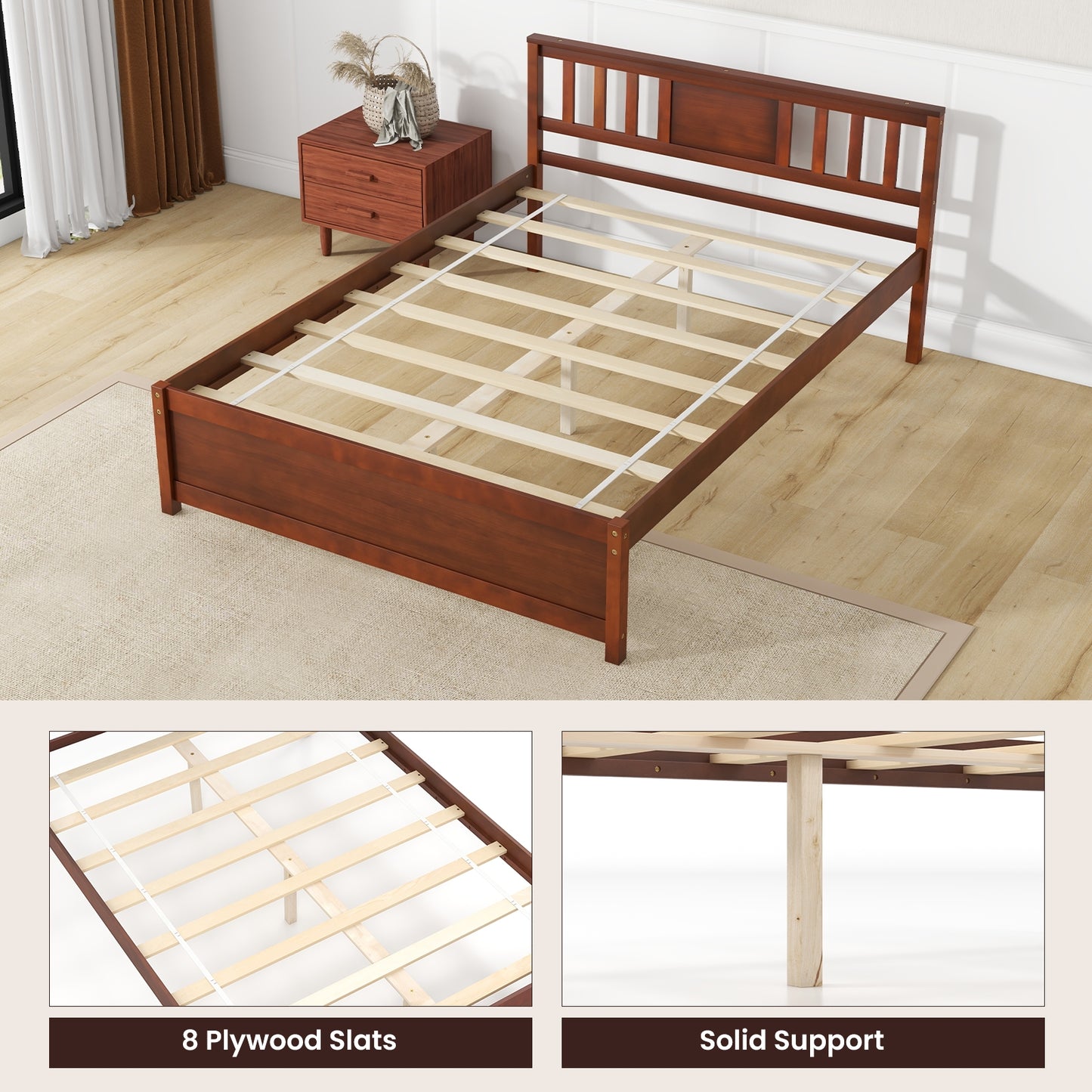 Wooden Platform Bed with Headboard and Wood Slat Support-Full Size Kids Crystal