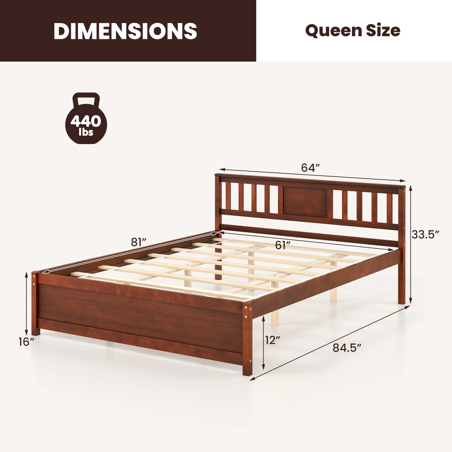 Wooden Platform Bed with Headboard and Slat Support-Queen Size Kids Crystal