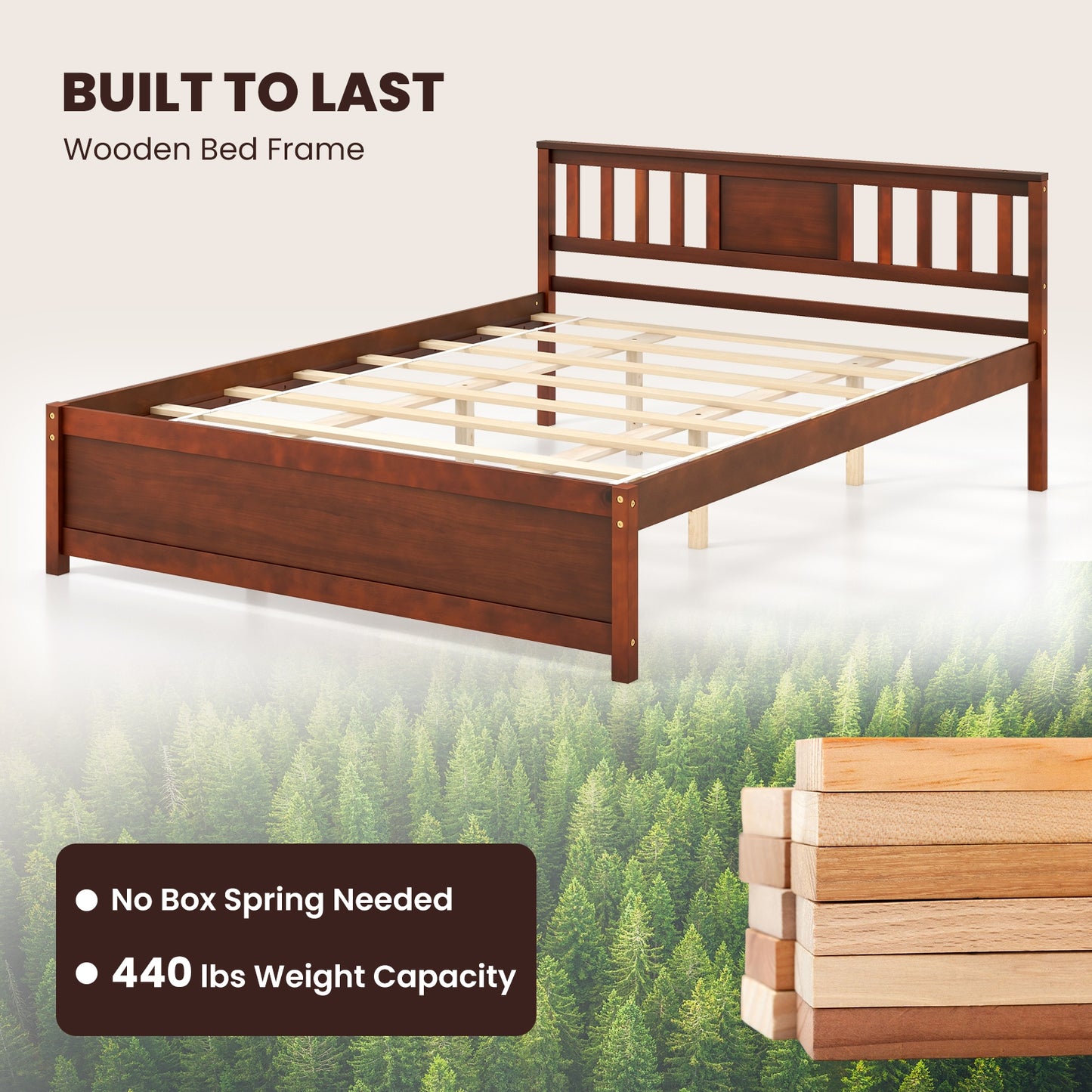 Wooden Platform Bed with Headboard and Slat Support-Queen Size Kids Crystal