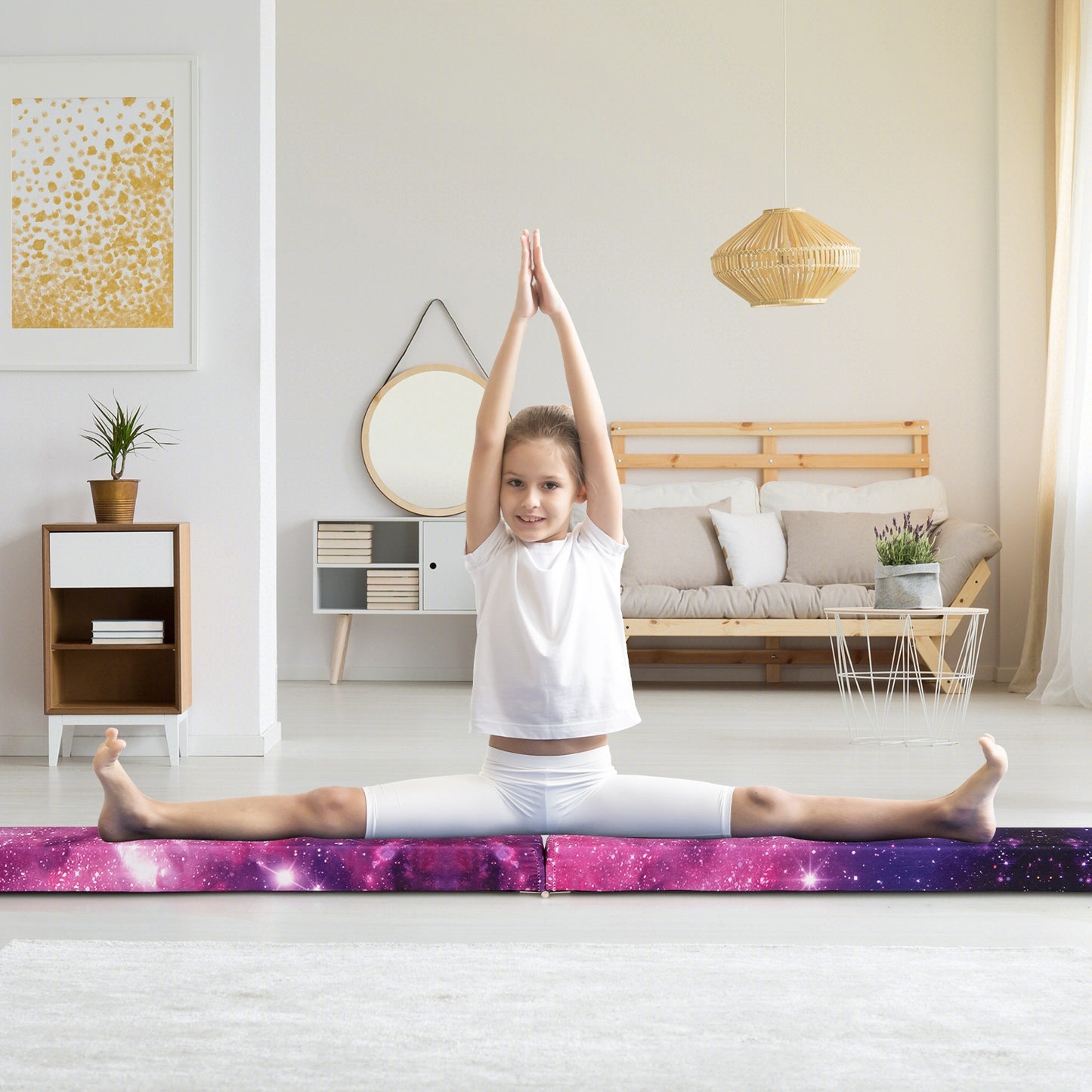 9 FT Folding Gymnastics Balance Beam with Anti-slip Base and Pine Wood Frame-Multicolor