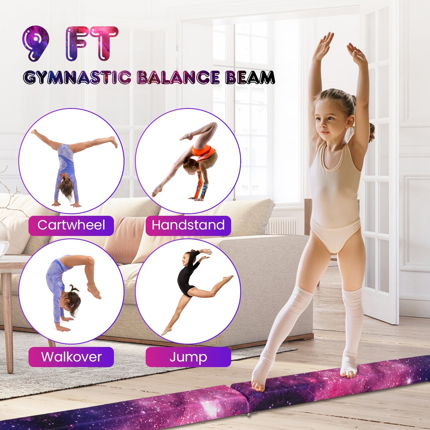 9 FT Folding Gymnastics Balance Beam with Anti-slip Base and Pine Wood Frame-Multicolor