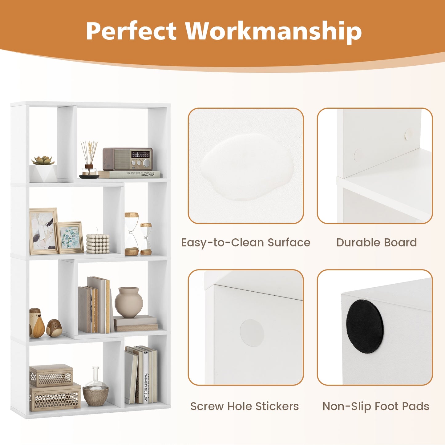 48 Inch 4-Tier Geometric Bookshelf with 8 Cubes for Living Room Bedroom-White Kids Crystal