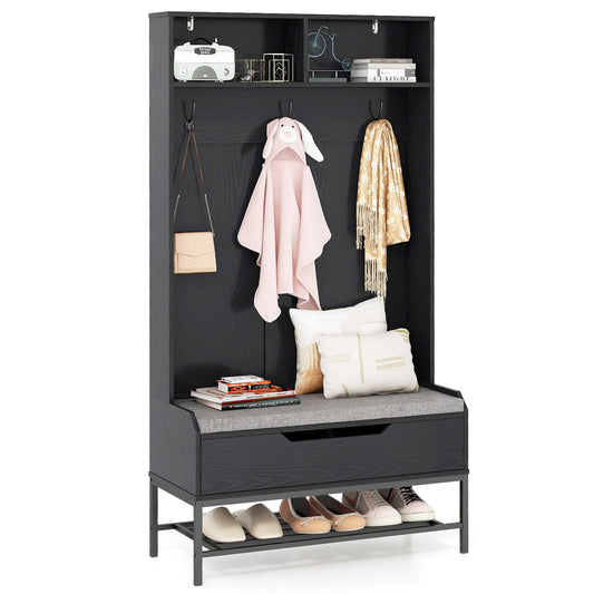 69 Inches Tall Hall Tree 4-in-1 Coat Rack with Seat Cushion and Shoe Storage-Black Kids Crystal