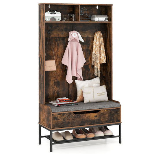 69 Inches Tall Hall Tree 4-in-1 Coat Rack with Seat Cushion and Shoe Storage-Rustic Brown Kids Crystal