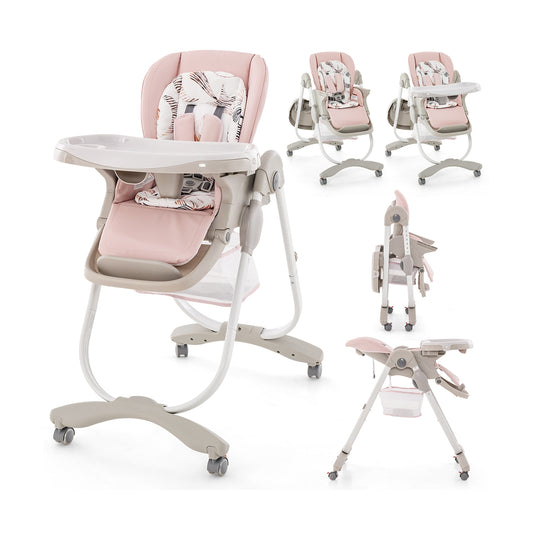 Multifunctional Folding Baby High Chair with Rolling Wheels and Adjustable Height-Pink