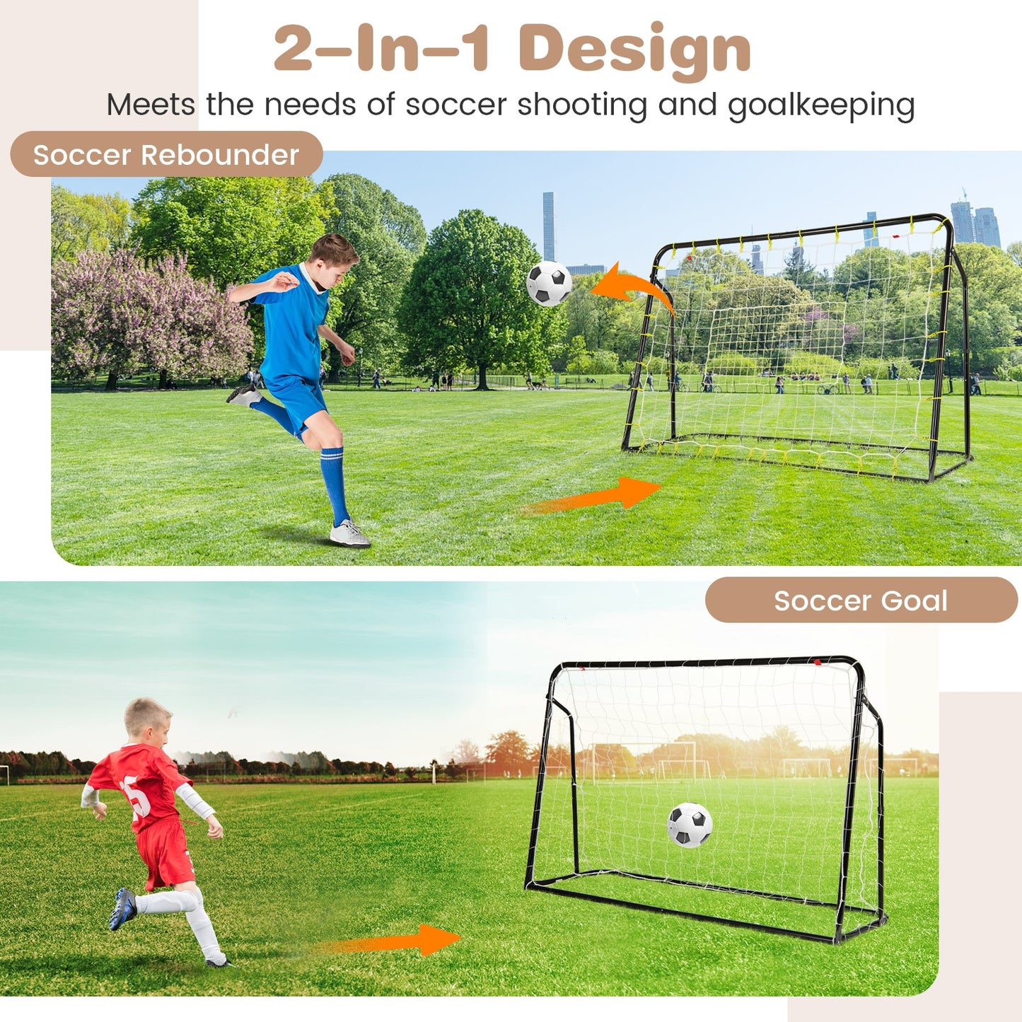 2-in-1 Kids Soccer Rebounder and Soccer Goal with Adjustable Height-Black Kids Crystal