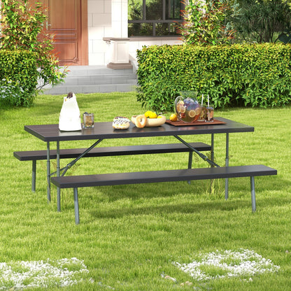 Folding Picnic Table Set with Metal Frame and All-Weather HDPE Tabletop Umbrella Hole-Black