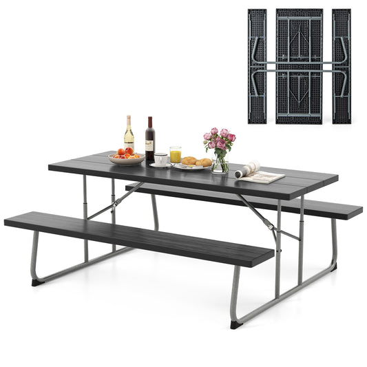 Folding Picnic Table Set with Metal Frame and All-Weather HDPE Tabletop Umbrella Hole-Black Kids Crystal