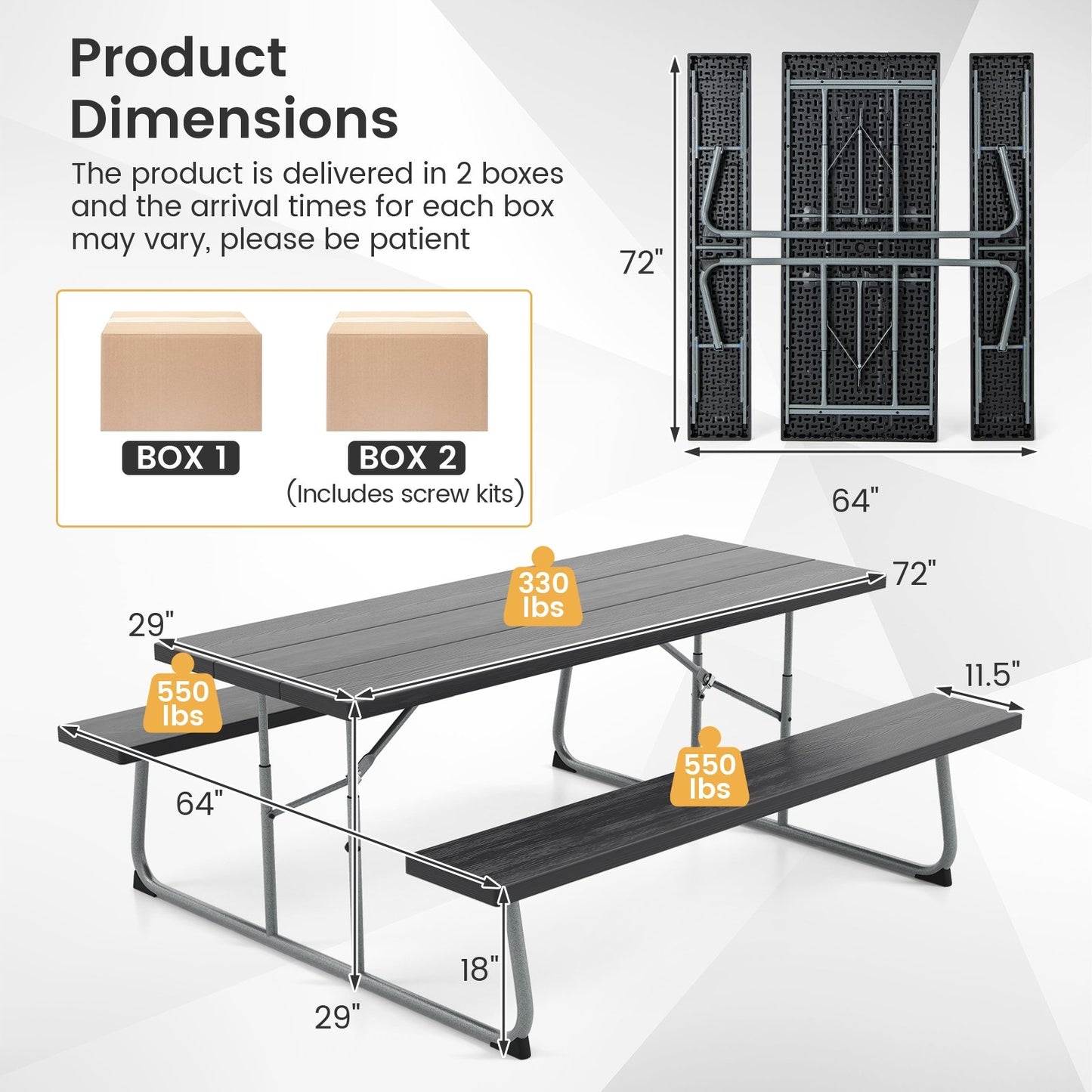 Folding Picnic Table Set with Metal Frame and All-Weather HDPE Tabletop Umbrella Hole-Black Kids Crystal