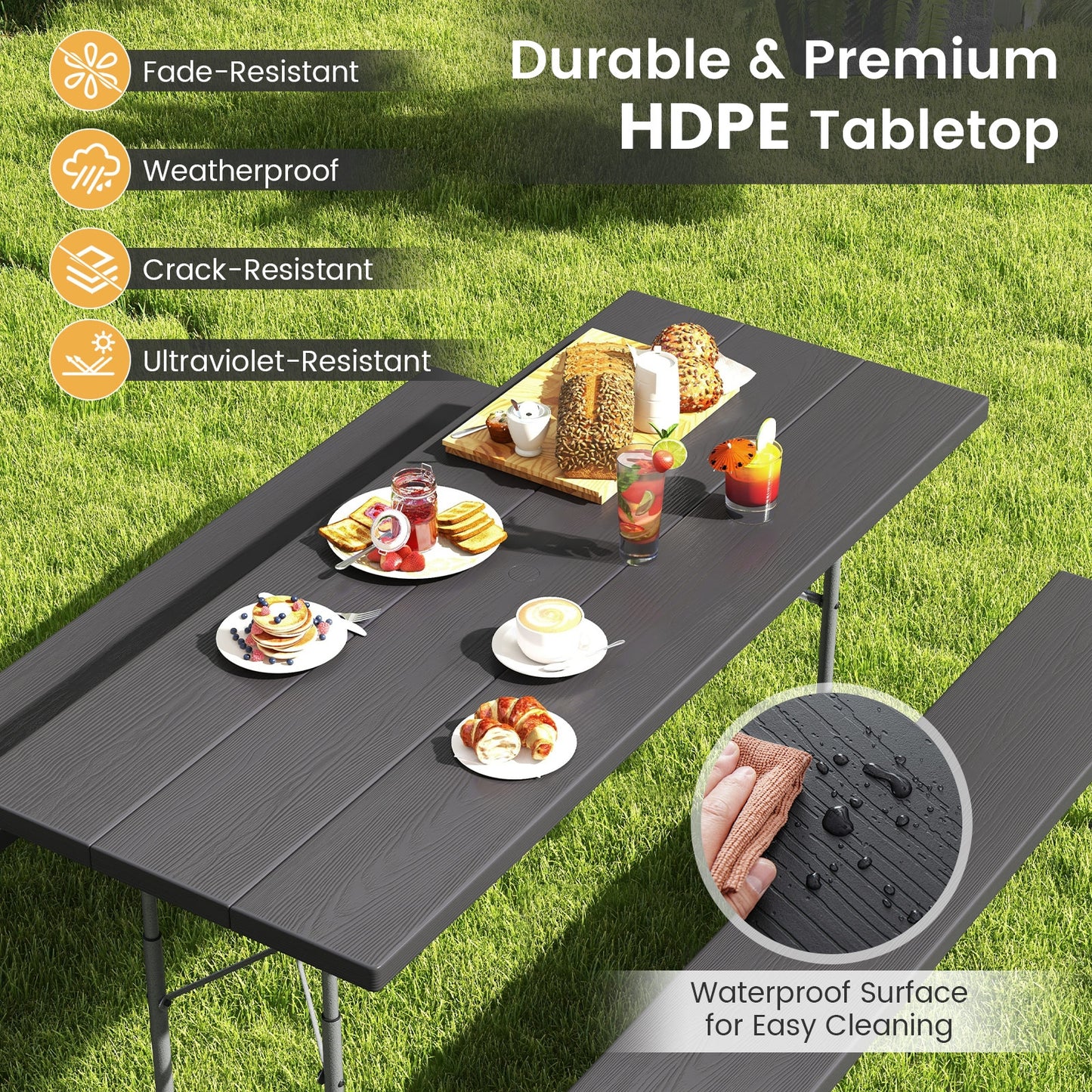 Folding Picnic Table Set with Metal Frame and All-Weather HDPE Tabletop Umbrella Hole-Black Kids Crystal