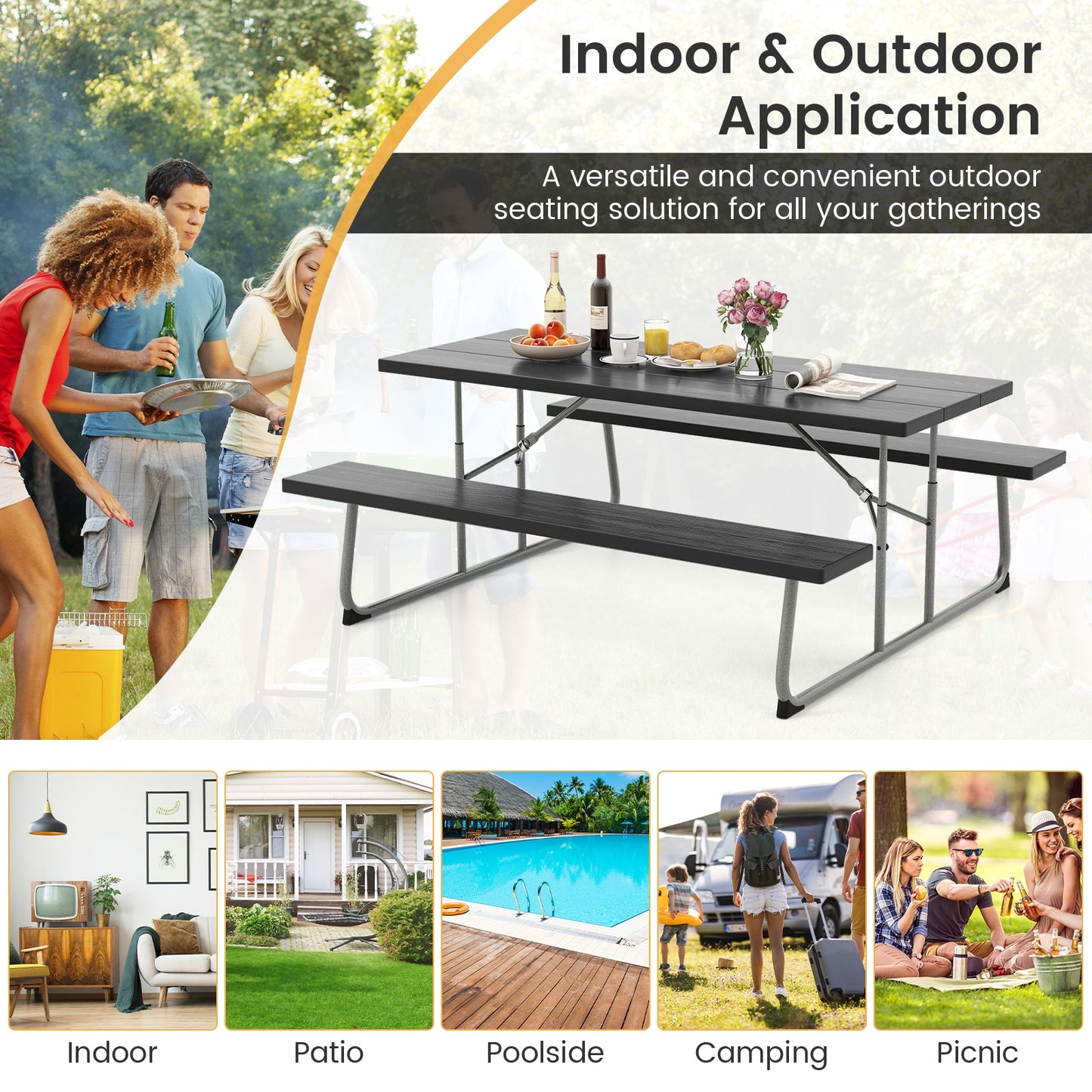 Folding Picnic Table Set with Metal Frame and All-Weather HDPE Tabletop Umbrella Hole-Black Kids Crystal