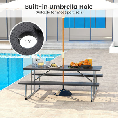 Folding Picnic Table Set with Metal Frame and All-Weather HDPE Tabletop Umbrella Hole-Black