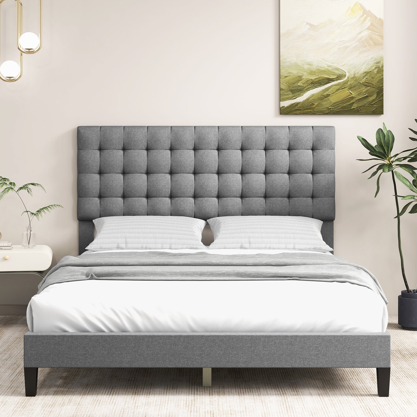 Queen Size Upholstered Platform Bed with Square Stitched Headboard Kids Crystal