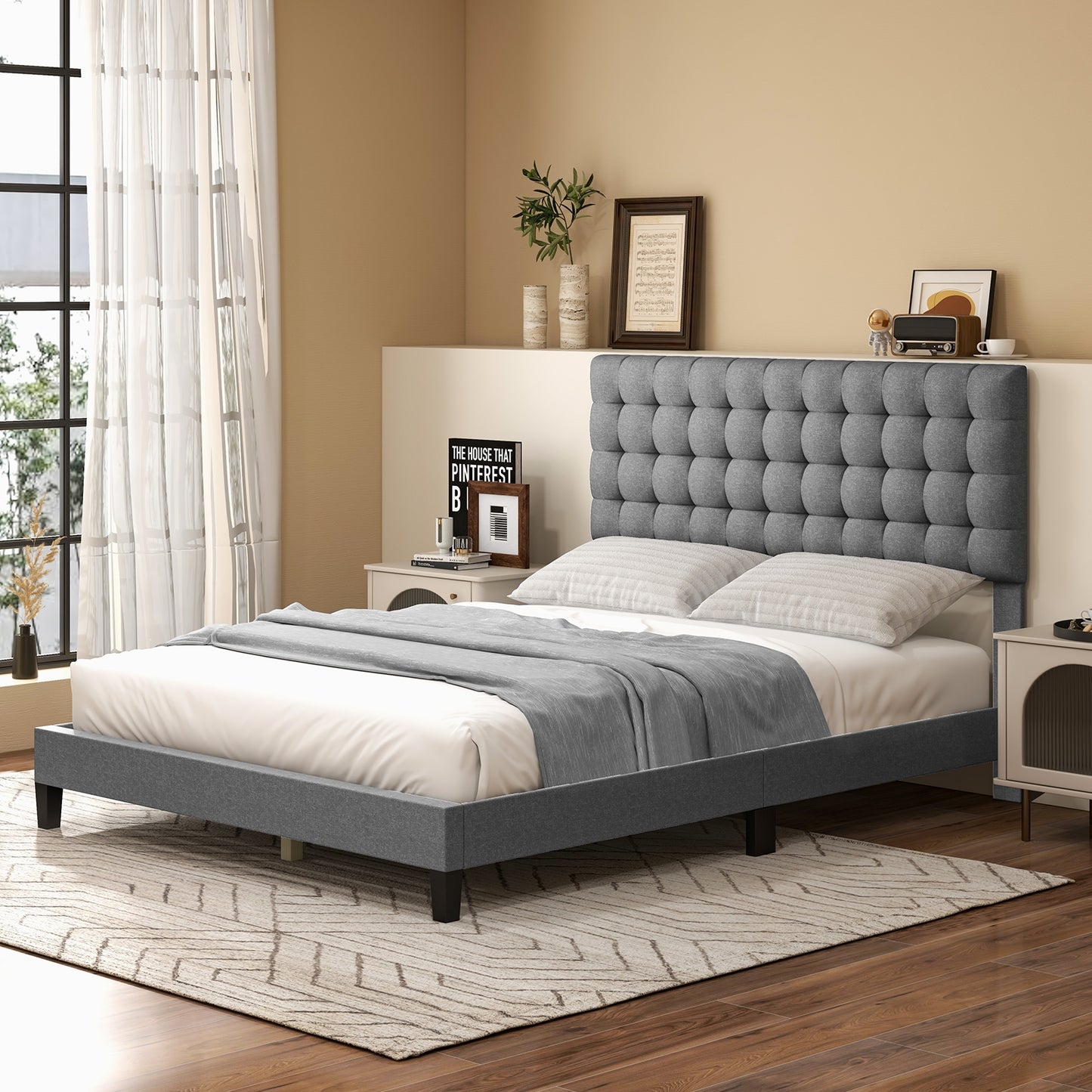 Queen Size Upholstered Platform Bed with Square Stitched Headboard Kids Crystal