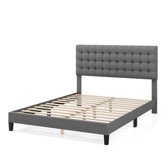 Queen Size Upholstered Platform Bed with Square Stitched Headboard Kids Crystal