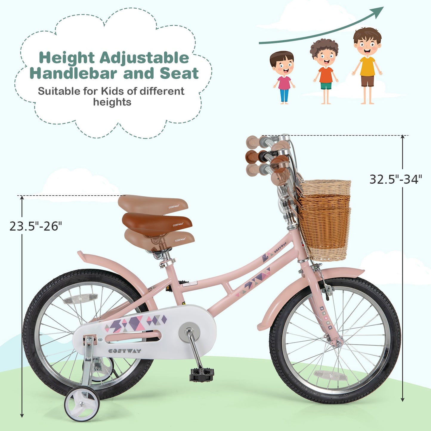 18 Inch Kids Bike Retro Bicycle with Adjustable Height and Basket for Ages 4-8 Years Old-18 inches Kids Crystal