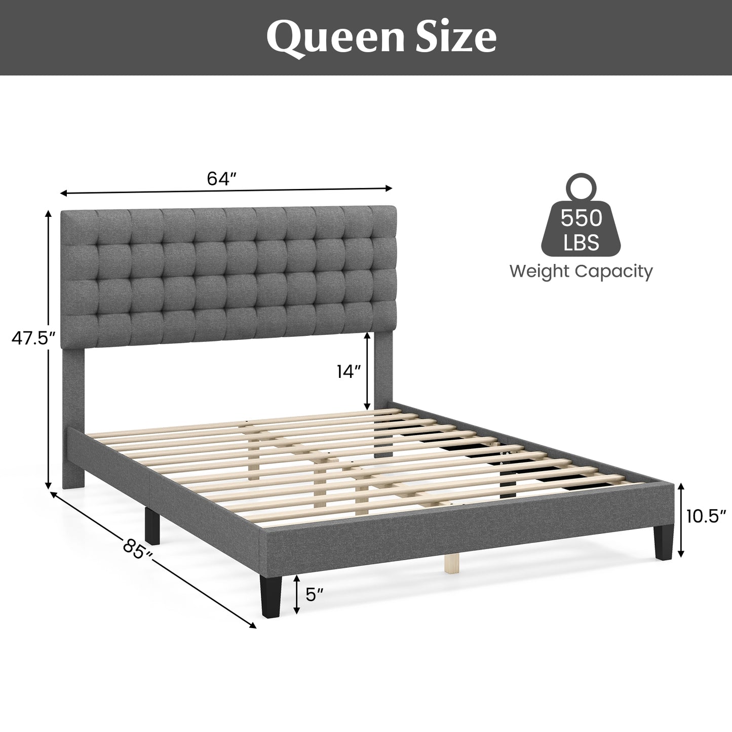 Queen Size Upholstered Platform Bed with Square Stitched Headboard Kids Crystal