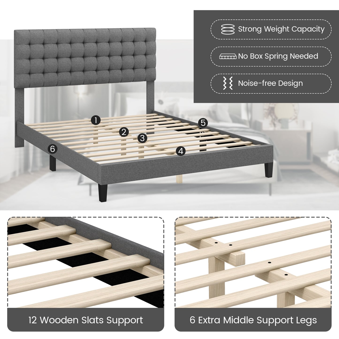 Queen Size Upholstered Platform Bed with Square Stitched Headboard Kids Crystal
