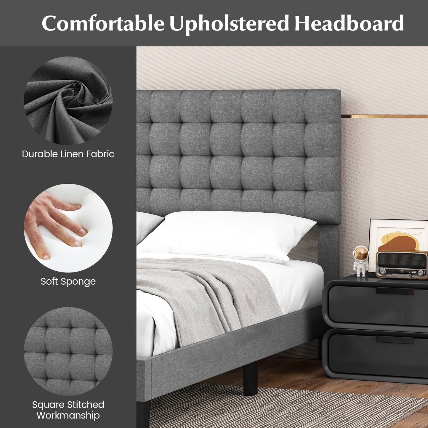 Queen Size Upholstered Platform Bed with Square Stitched Headboard Kids Crystal