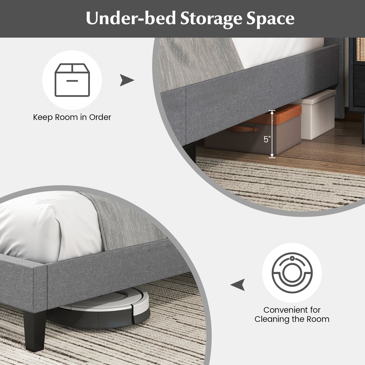 Queen Size Upholstered Platform Bed with Square Stitched Headboard Kids Crystal