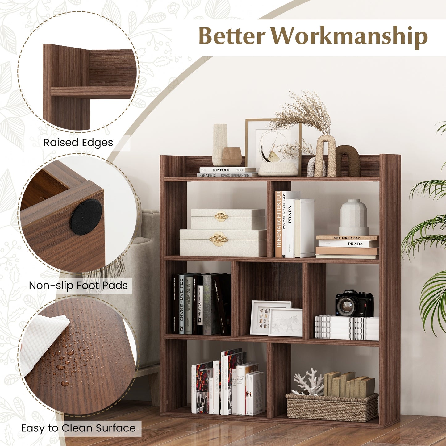 7 Cubes Open-back Bookshelf with Anti-Toppling Devices-Walnut Kids Crystal