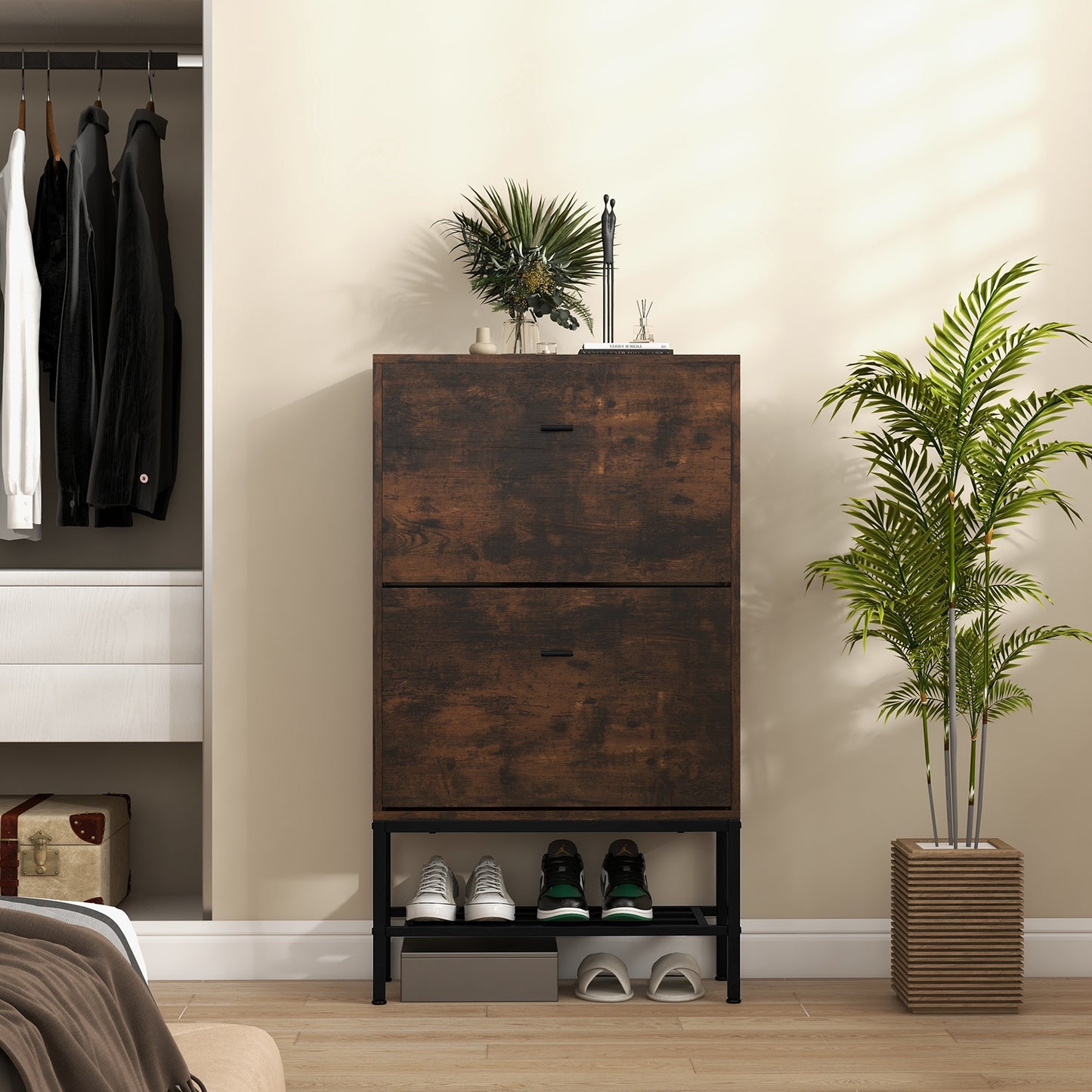 Industrial Shoe Storage Cabinet with 2 Flip Drawers and 1 Bottom Metal Shelf-Brown Kids Crystal