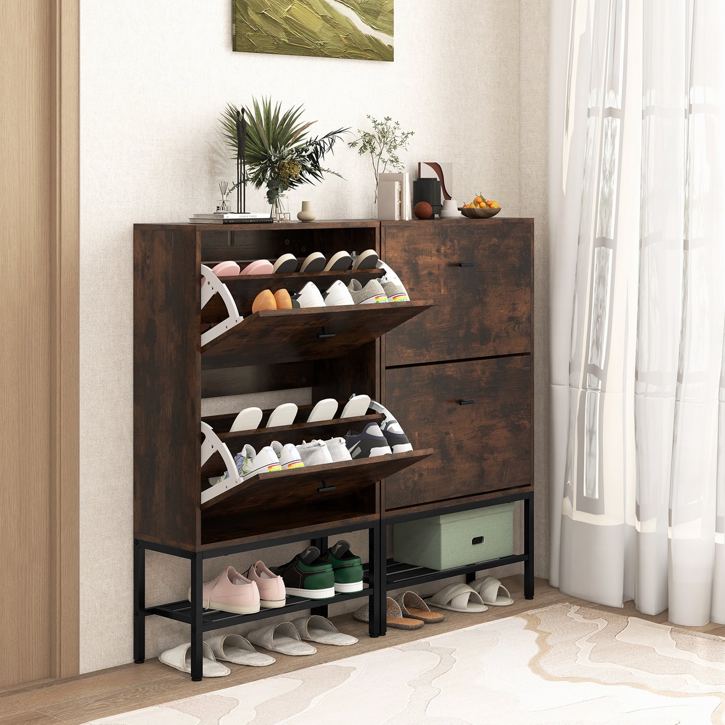 Industrial Shoe Storage Cabinet with 2 Flip Drawers and 1 Bottom Metal Shelf-Brown Kids Crystal